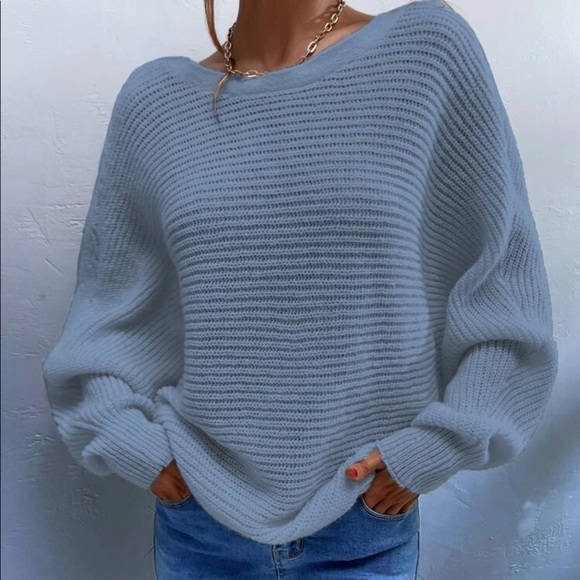 Dusty blue knit open tie back sweater top - Picture 6 of 6